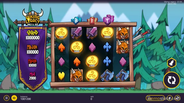 A 5x4 grid of Viking-themed slot symbols is displayed with a win amount of 30,000 highlighted on the top row.