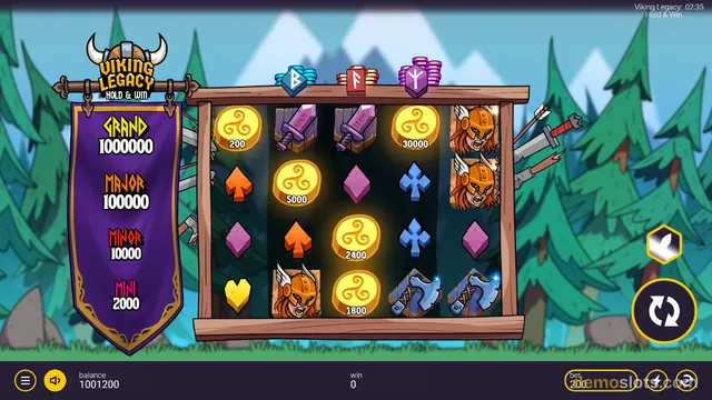 A 5x4 slot game grid displays a settled spin with a Viking theme, showing a win on the rightmost reel and a paytable banner on the left.