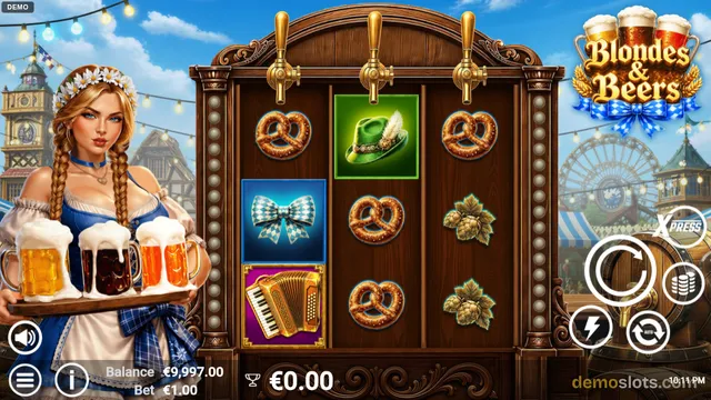 A slot game titled Blondes & Beers shows a 3x3 reel grid set in a wooden frame with beer taps, a Bavarian woman holding beer steins on the left, and a win of 0.00 euros.