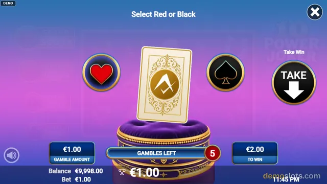 A gamble feature screen in a slot game asking the player to select Red or Black, with a face-down card on a pedestal between a red heart and black spade button.