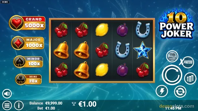 A 5x3 video slot game titled '10 Power Joker' is displayed with a settled grid of fruit and classic casino symbols on a blue background.