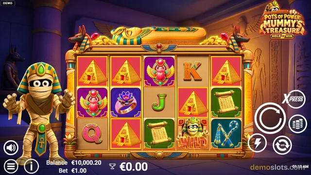 A 5x3 Egyptian-themed slot game grid is fully rendered with a mummy character on the left and the game title Pots of Power: Mummy's Treasure Hold 'n Win at the top right.