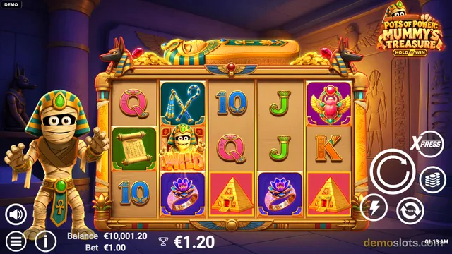 A 5x3 Egyptian-themed slot game grid with a mummy character standing on the left, showing a settled base game state.