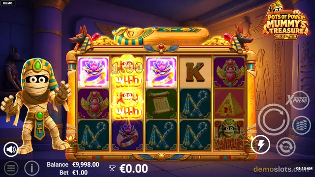 A 5-reel, 3-row slot game titled Pots of Power: Mummy's Treasure shows a mummy character beside a grid of Egyptian-themed symbols including lotus flowers, wilds, scarabs, scrolls, and pyramids.