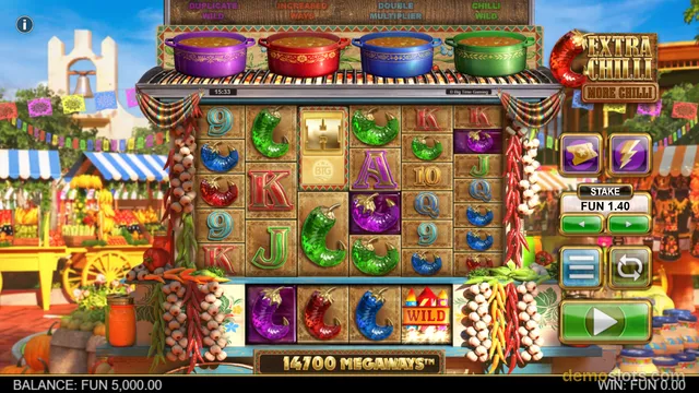 A vibrant slot game screen titled Extra Chilli More Chilli shows a 6-reel grid with chili peppers, card suits, and a wild symbol, with four colored pots on top and a Mexican market background.