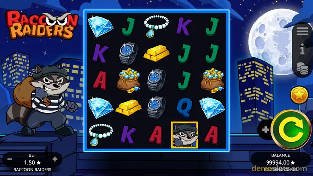 A screenshot of the Raccoon Raiders slot game showing a 5x5 grid of symbols including diamonds, gold bars, and letters, set against a dark city night background with a large moon.