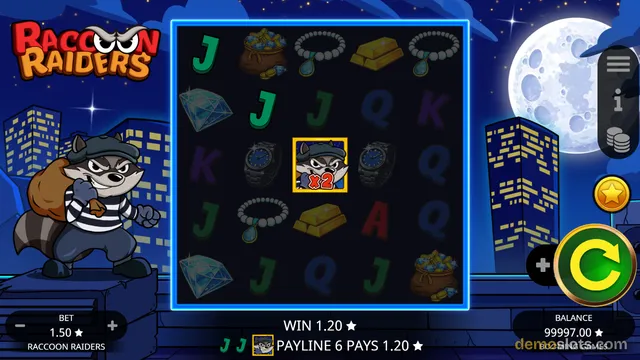 A screenshot of the Racoon Raiders slot game showing a settled spin result with a cartoon raccoon mascot on the left and a city skyline under a full moon in the background.