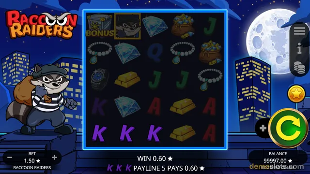 A screenshot of the Raccoon Raiders slot game showing a 5x5 grid with a settled win of 0.60 on payline 5.
