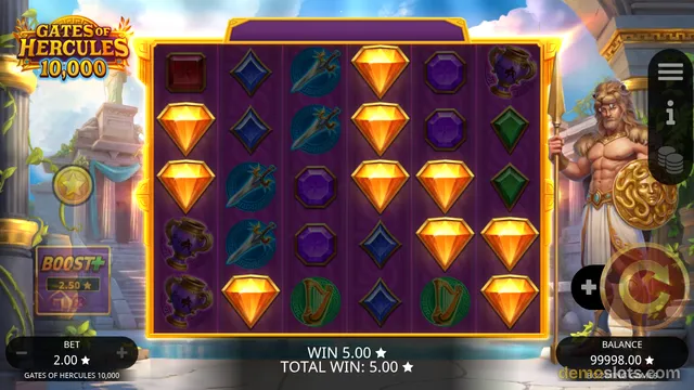 A 5x6 slot grid titled Gates of Hercules 10,000 shows a win of 5.00 with gemstones and mythological symbols.