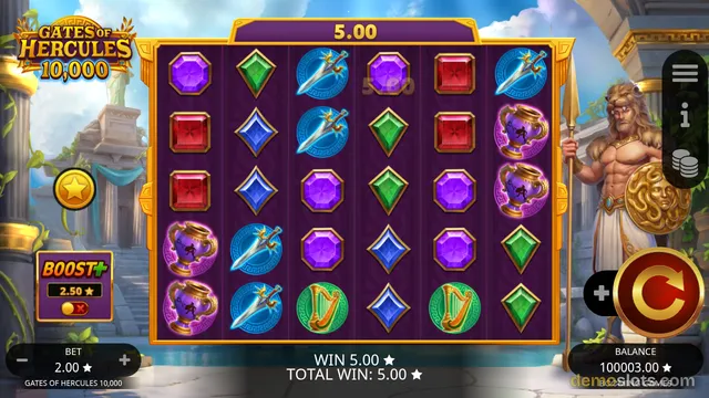 A slot game titled Gates of Hercules 10,000 shows a 6x4 reel grid with a win of 5.00, bet of 2.00, and balance of 100003.00.