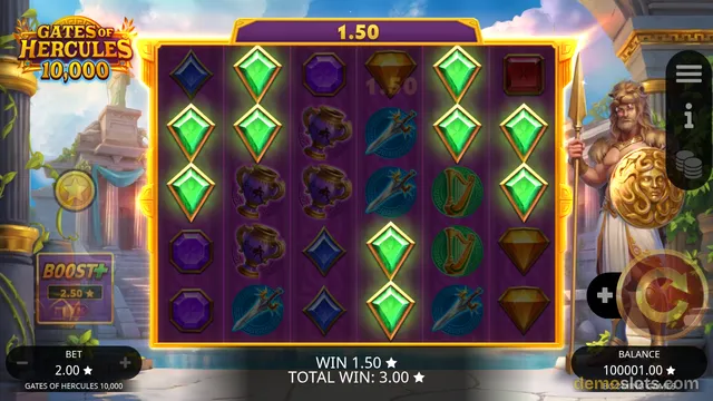A slot game titled Gates of Hercules 10,000 shows a 6-reel grid with gemstone symbols and a win of 1.50.