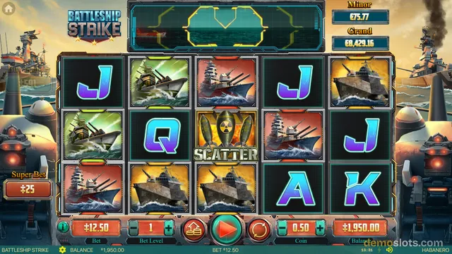 A 5x3 slot game grid titled Battleship Strike shows warship symbols and letters J, Q, A, K on a dark background with a radar-like top screen.
