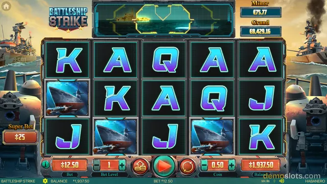 A 5x3 slot game grid showing battleship symbols and card letters, with a top feature area and jackpot displays.