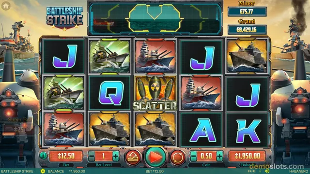 A 5x3 slot game grid titled Battleship Strike shows warship symbols and playing card letters on a dark grid with a top bonus meter and side jackpot displays.