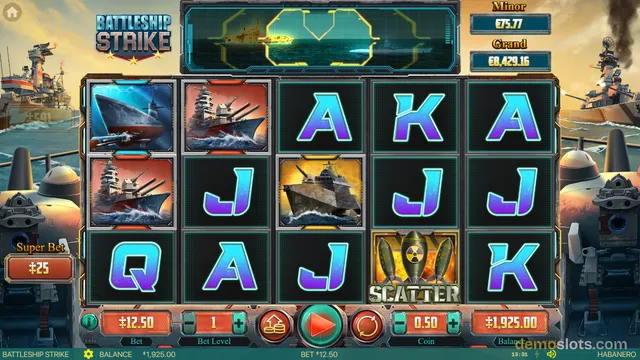 A 5x3 slot grid showing battleship symbols and card letters, with a top feature panel showing a naval scene and jackpot values on the right.
