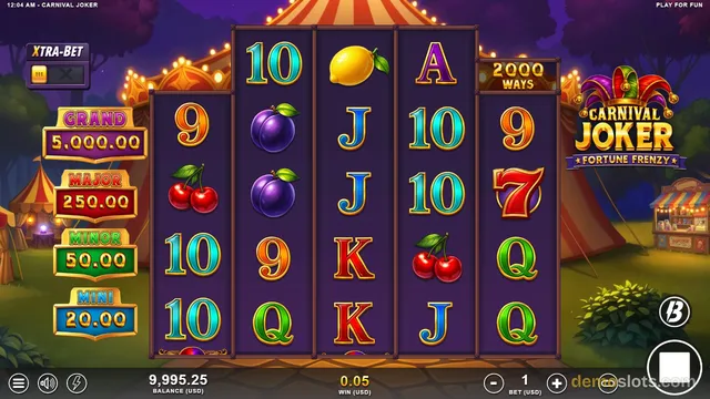 A 5-reel carnival-themed slot game titled Carnival Joker Fortune Frenzy shows a fully rendered base game grid with fruit and letter symbols.