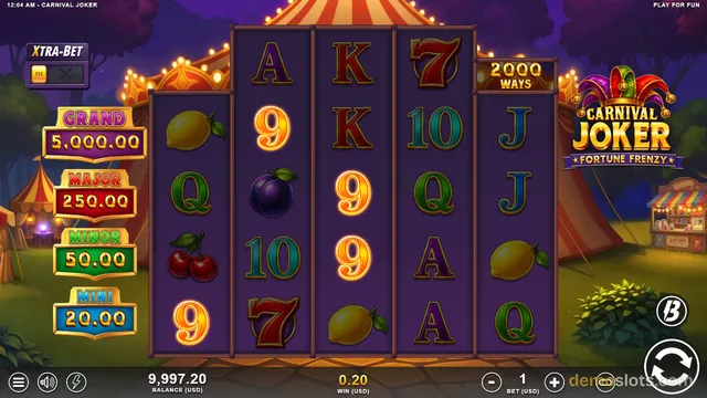 A 5x4 slot game grid titled Carnival Joker Fortune Frenzy shows a mix of fruit and letter symbols, with a jackpot ladder on the left and a 2000 WAYS indicator at the top right.