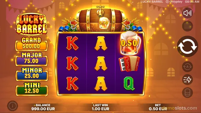 A 3x3 slot game titled Lucky Barrel shows a purple grid with K, A, and Q symbols, a beer mug with 0.50, and an accordion, with a wooden barrel on top and jackpot labels on the left.