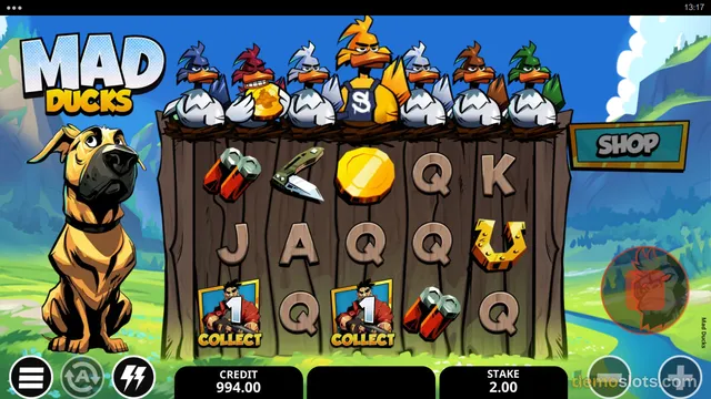 A slot game titled Mad Ducks shows a wooden reel grid with a dog mascot on the left and a row of cartoon ducks perched on top, with a shop button on the right and credit and stake displays at the bottom.