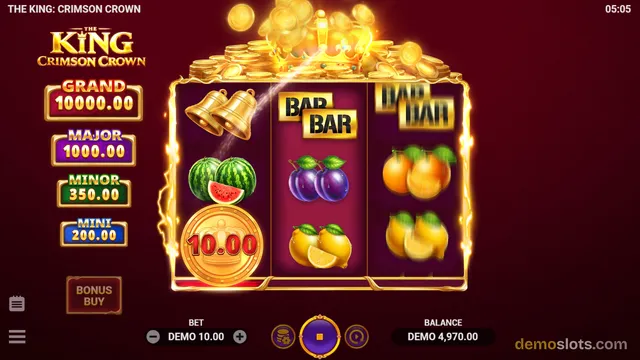 A 3x3 slot game titled The King: Crimson Crown shows a gold coin with 10.00 on it, bells, BAR symbols, watermelons, plums, oranges, and lemons on a dark red background with a jackpot ladder on the left.