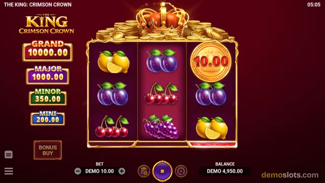 A 3x3 slot game grid titled The King: Crimson Crown shows fruit symbols and a golden coin, with jackpot values listed on the left.