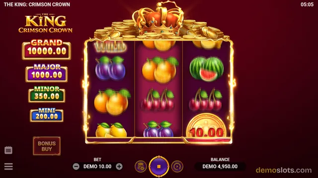 A slot game titled The King: Crimson Crown shows a 3x3 reel grid with fruit symbols and a golden crown above it.