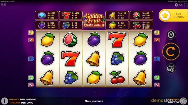 A 5x3 grid of fruit-themed slot symbols is displayed on a purple background with a paytable above and control buttons to the right.