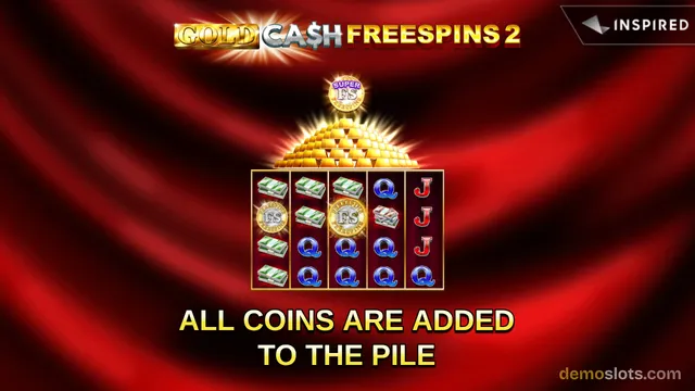A slot game titled GOLD CASH FREESPINS 2 shows a 5x4 reel grid with a glowing pile of gold coins above it and the text ALL COINS ARE ADDED TO THE PILE.