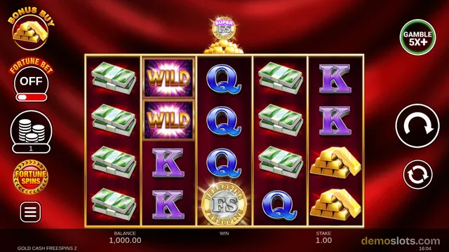 A 5x4 slot game grid with a red background, showing symbols like cash stacks, gold bars, WILD letters, and card letters.