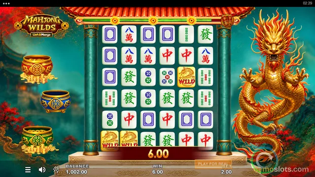 A 6x6 grid of mahjong tiles is displayed on a green background with a large golden dragon on the right and a 'Mahjong Wilds Link & Merge' logo in the top left corner.