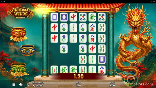 A slot game screen showing a 6x5 grid of mahjong tiles with a golden dragon on the right and game stats at the bottom.