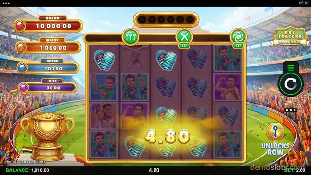 A cricket-themed slot game shows a 5x5 grid with a win of 4.80, surrounded by jackpot meters and a Buy Feature button.
