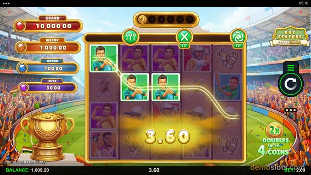 A cricket-themed slot game shows a 5x4 reel grid with a winning combination of batsman symbols highlighted by a glowing line, with a 3.60 win displayed over the reels.