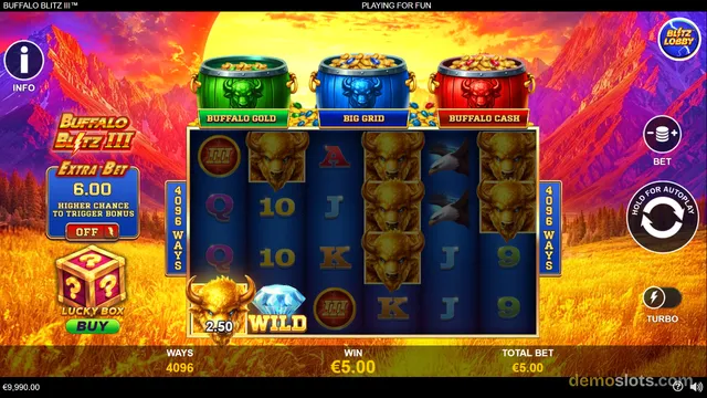 A screenshot of the Buffalo Blitz III slot game showing a 5-reel, 4-row grid with a sunset mountain background and three bonus game options displayed above the reels.