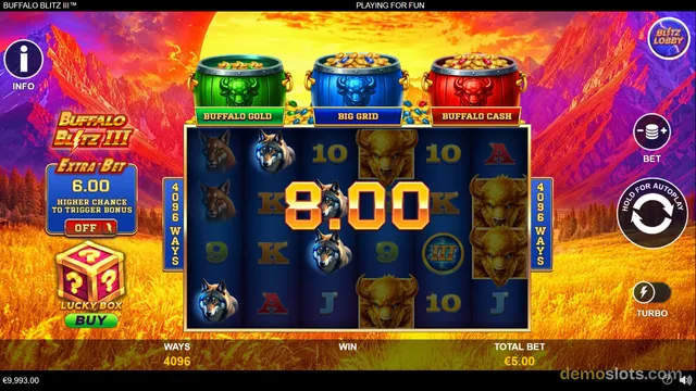 A 5x4 video slot game interface displaying a settled spin result of 8.00, with three bonus game options listed at the top and an 'Extra Bet' feature panel on the left.