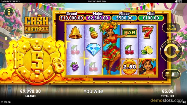 A slot game titled Cash Fortress shows a 5x3 reel grid with a win of 2.50, featuring a fruit and gem theme with a jackpot display at the top.