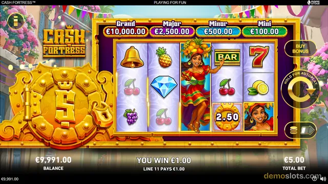 A 5x3 slot game titled Cash Fortress shows a win on line 11 with a fruit-and-fiesta theme.
