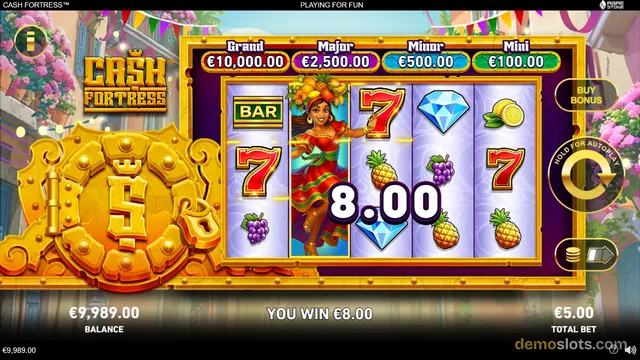 A 5x3 slot game titled Cash Fortress shows a win of 8.00 euros on a festive tropical-themed reel grid with jackpot values displayed above.