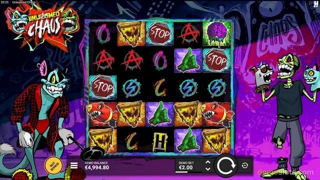 A 5x4 slot game titled Unleashed Chaos shows a cartoonish neon grid with symbols like pizza slices, stop signs, and brains, flanked by a cat and a zombie character.
