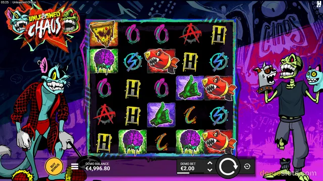 A slot game titled Unleashed Chaos shows a 5x4 reel grid with cartoon symbols, a blue cat character on the left, a zombie character on the right, and a demo balance of 4,996.80 with a bet of 2.00 at the bottom.