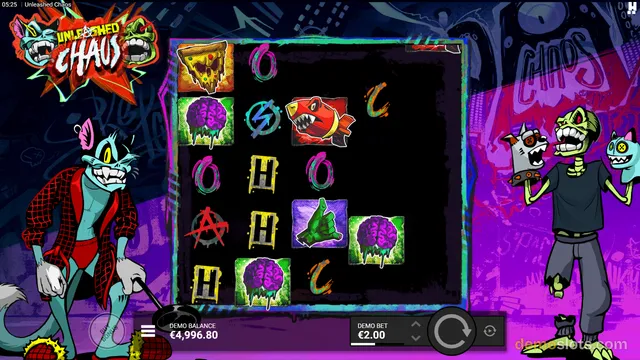 A slot game titled Unleashed Chaos shows a 5x4 reel grid with cartoon symbols including brains, pizza slices, and monsters, flanked by a blue cat in a red jacket and a zombie character holding a severed head.
