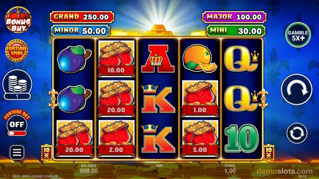 A five-reel slot game showing fruit symbols with cash values on some symbols, with jackpot prizes displayed above the reels.
