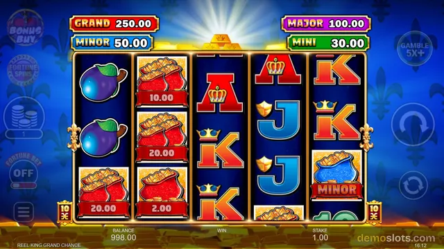 A 5-reel slot game grid shows fruit and royal symbols with a golden crown atop a light beam, and jackpot values displayed above the reels.