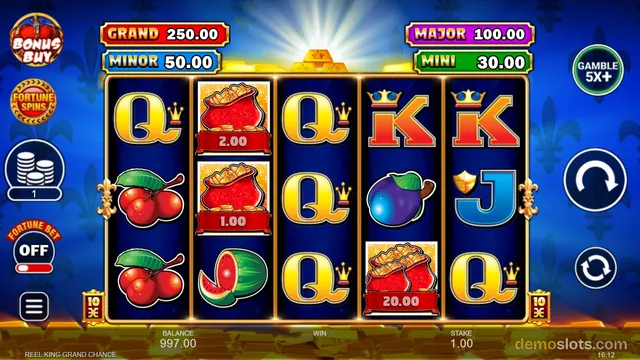 A 5-reel, 3-row slot game grid showing symbols such as cherries, a watermelon, a plum, a red purse, and royal letter symbols, with a golden crown above the reels and jackpot values displayed at the top.