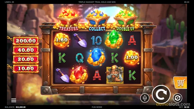 A brightly rendered slot game screen showing a 5x3 grid with a wild prospector symbol and various mining-themed icons, featuring a 'Triple Nugget Trail' bonus with three chests at the top.