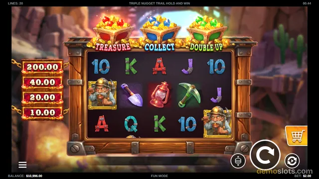 A 5x3 slot game screen displaying a grid of mining-themed symbols with a treasure collect feature active above the reels.