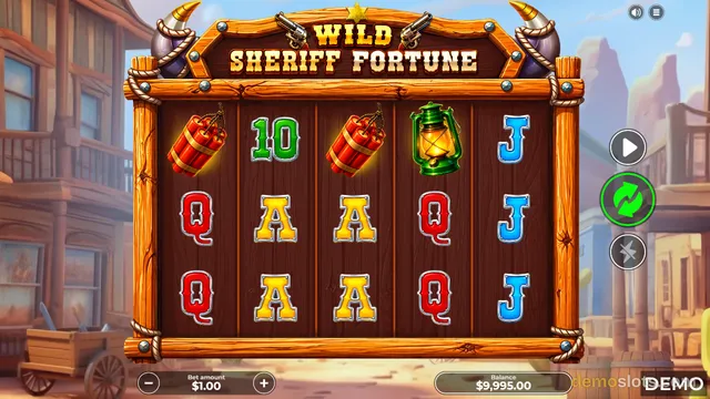 A western-themed slot game grid showing five reels with symbols including dynamite, playing card letters, and a lantern against a wooden Wild West town backdrop.
