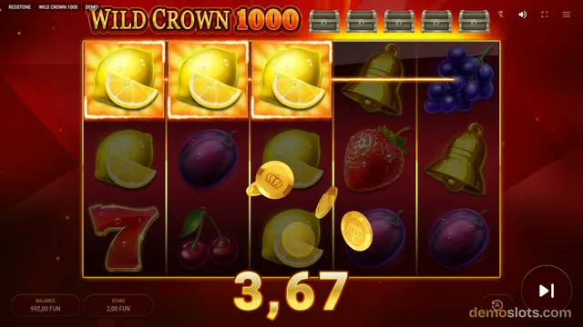 A 5x3 video slot game screen showing a win of 3.67 with orange symbols highlighted across the top row.