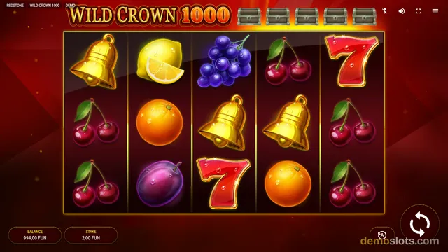 A 5-reel, 3-row slot machine grid displaying various fruit and bell symbols against a dark red background.