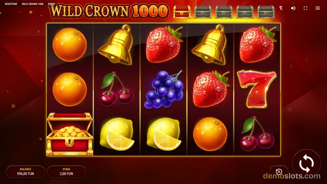 A 5-reel, 3-row slot game grid displaying fruit symbols, bells, and a treasure chest against a red background.